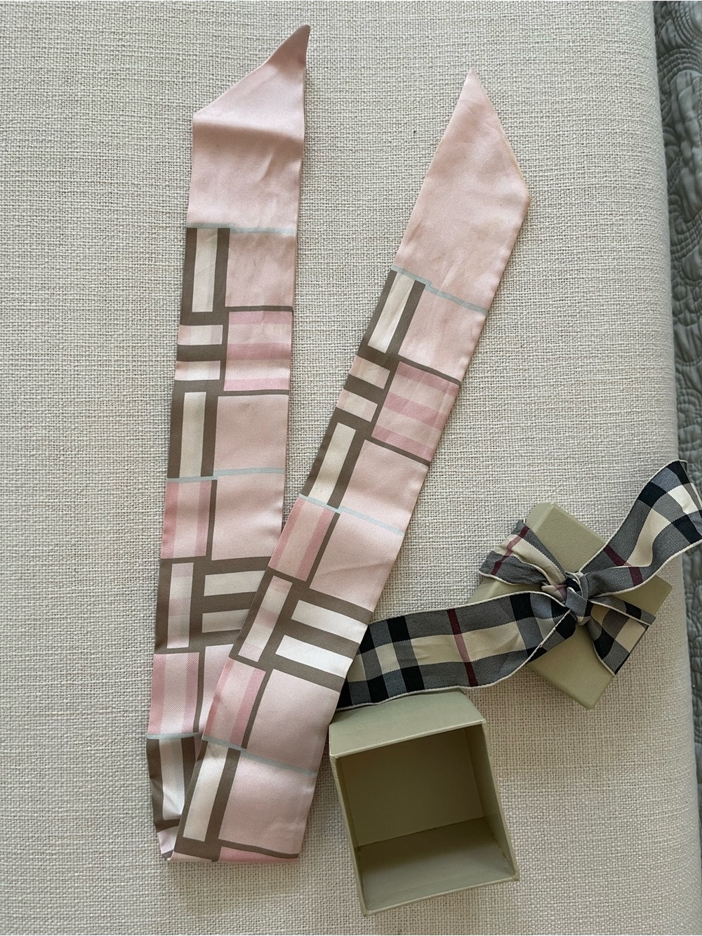 Burberry Pink and Beige Plaid Silk Twilly Hair Scarf